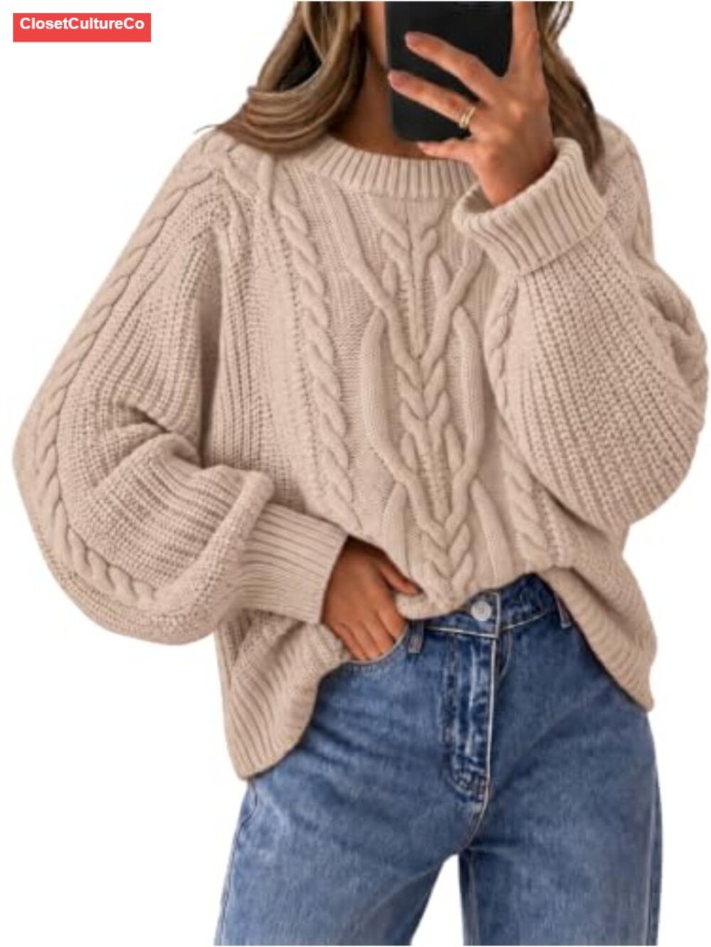 Oversized Cable Knit Chunky Pullover Sweater Crew Neck Loose Fit